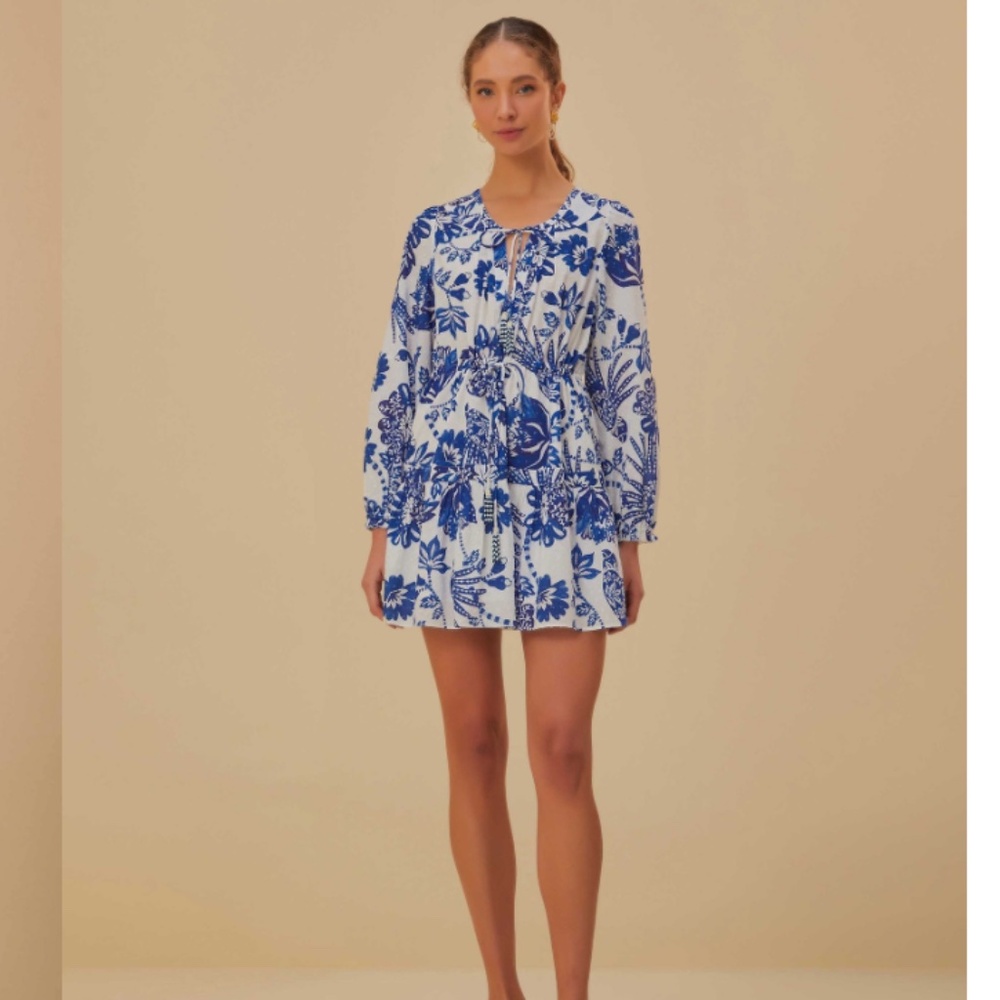 NWT FARM RIO Off-White Flowerful Birds Long Sleeve Mini Dress SIZE S